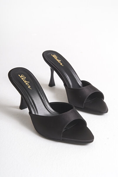 LDR Γυναικείες μαύρες σατέν μυτερές παντόφλες με τακούνι