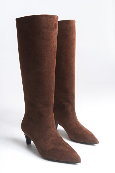 LDR Dámské hnědé semišové kozačky na podpatku se špičatou špičkou pod kolena