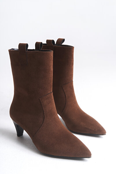 LDR Women's Brown Suede Heeled Pointed Toe Boots