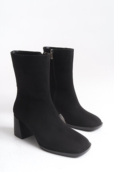 LDR Cizme de damă din piele intoarsa neagra cu toc patrat cu fermoar