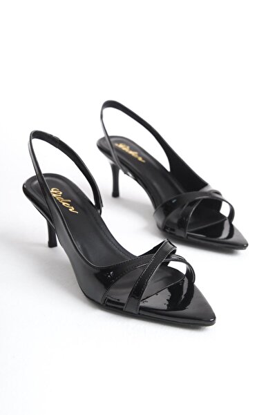 LDR حذاء نسائي أسود من الجلد اللامع بكعب رفيع ومقدمة مفتوحة ومقدمة متقاطعة