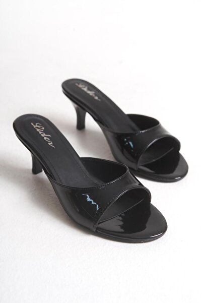 LDR Kadın Siyah Rugan Açık Burun Topuklu Terlik
