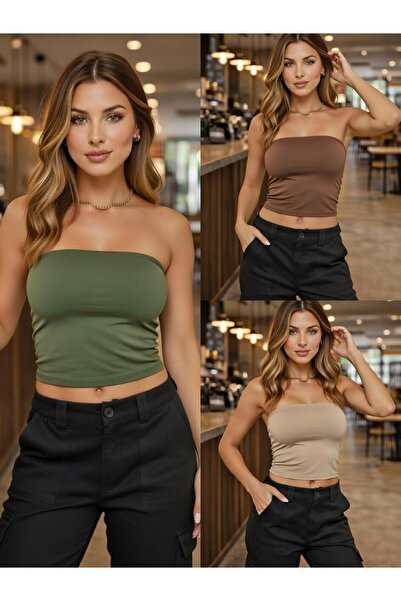 Olyssia Дамски комплект от 3 части без презрамки бюстие къса блуза / прилепва...