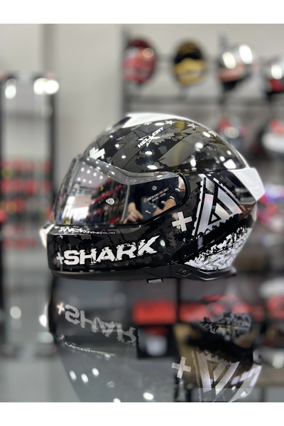 Shark Skwal i3 Hellcat Parlak Siyah Beyaz Şeffaf ( x1 Silver Vizör)