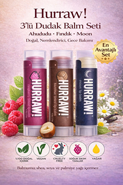 Hurraw Gece & Gündüz Dudak Bakımı 3’lü Set Vişne + Fındık + Moon Lip Balm