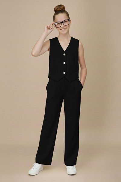 CansınMini Black V-Neck Buttoned Vest and Wide-Leg Pants for Girls 2-Piece Set 20723