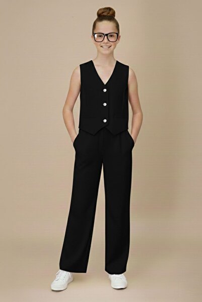 Cansın Mini Set 2 piese pentru fete cu vestă neagră cu decolteu în V, cu nast...