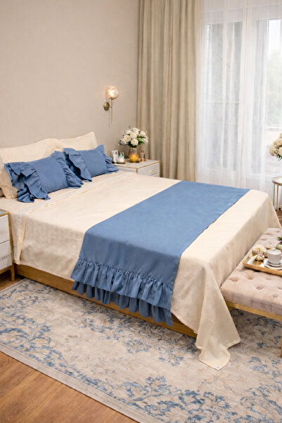 RİTMOHOME طقم مفرش سرير ووسادة رمي مبطنة بحشوة مزدوجة مكشكشة باللون النيلي ال...