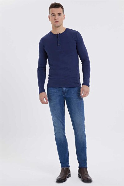 Lee Cooper سويت شيرت رجالي برقبة دائرية من Grandad باللون الأزرق الداكن 201 L...