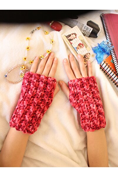 TRENDİN YOLU Handmade Fingerless Model Winter Gloves Colorful Face