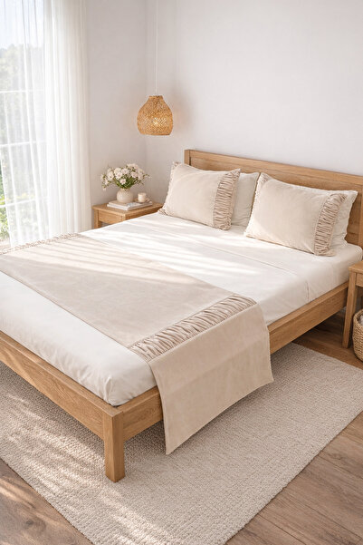 RİTMOHOME Yatak Runner & Büyük Boy Yastık Kılıfı Seti Çift Kişilik Biyeli Kre...