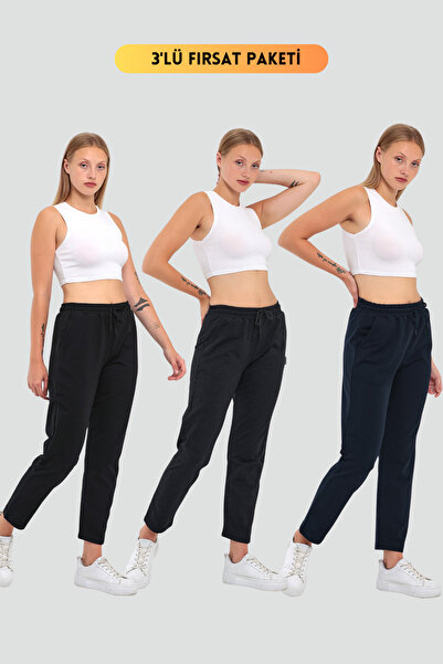 COMEOR Γυναικείο παντελόνι φούτερ 3 τεμαχίων σε μαύρο-ναυτικό-ανθρακί κανονικ...