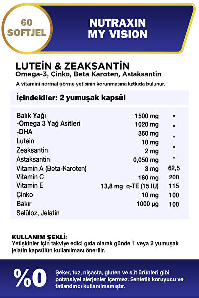 Nutraxin My Vision Eyes Vitamin 60 Soft Jel - Lutein, Zeaxanthin, Omega3, Çinko, Astaksantin, Beta K