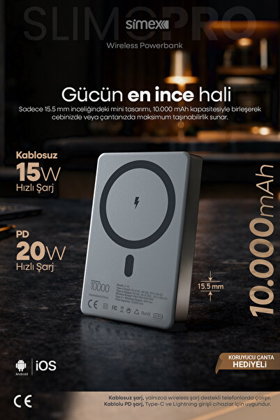 Simex Slim Magsafe Powerbank 10000 mAh - 20W PD Hızlı Şarj Taşınabilir Batary...