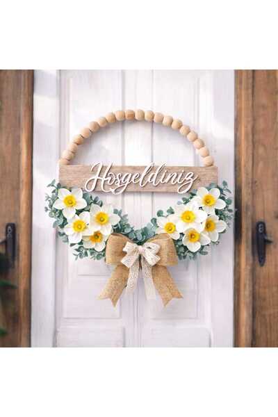 ecrella Ahsap boncuklu okaliptus yapay nergis çiçekli kapi süsü 30 cm