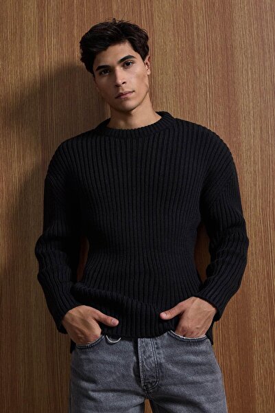 ablukaonline Men's Oversized Corded Fabric Basic Knitwear Sweater Black
