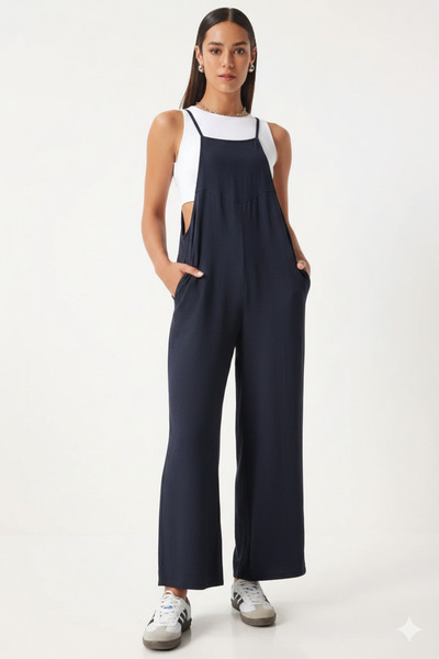 hazelin Women's Navy Blue Adjustable Strap Pocketed Wide Leg Gardener Overall...