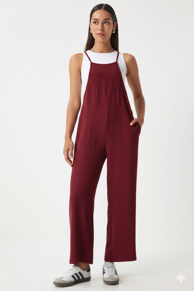 hazelin Women's Claret Red Adjustable Strap Pocket Wide Leg Gardener Overalls...