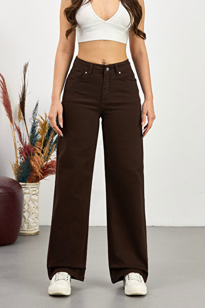 BİKELİFE Dámské hnědé široké kalhoty Palazzo s vysokým pasem