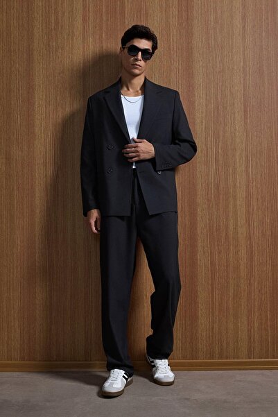 ablukaonline Erkek Oversize Rahat Kalıp Kruvaze Takım Elbise Siyah