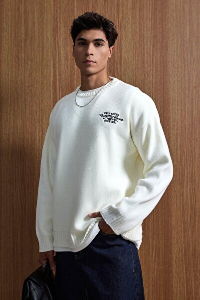 ablukaonline Men's Oversized Essential Knitted Sweater 100% Cotton Ecru