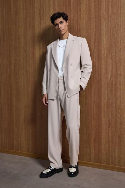 ablukaonline Beige Men's Oversize Double Breasted Suit - Comfortable Fit