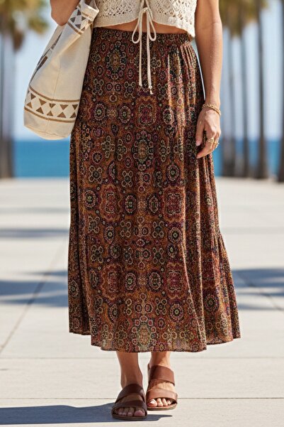 Chiccy Fusta lungă țesută casual, cu model etnic, cu culoarea cărămizii, cu t...