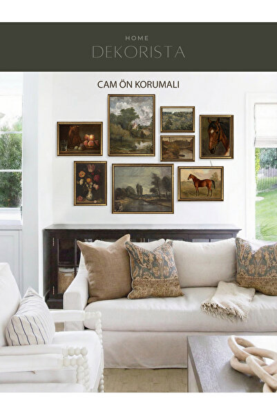 HOME DEKORİSTA Çerçeveli Vintage 8'li Tablo Seti, At Resim, Manzara Resim, Çe...