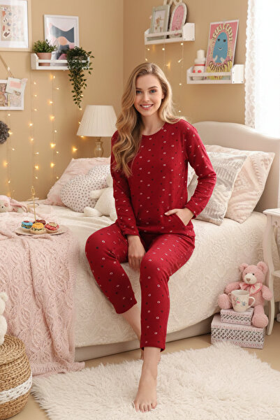 ELİTOL Waffle Knitted Long Sleeve Women's Pajama Set with Pocket Detail