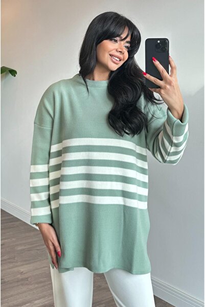 Touche Çizgili Triko Tunik - Adaçayı