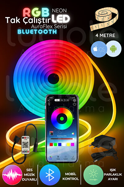 luciole 4 Metre RGB Neon LED Şerit | AuraFlex Serisi | Bluetooth Telefon Kont...