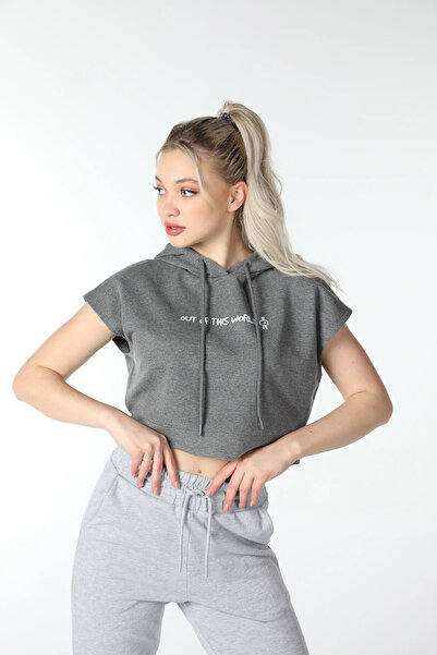 defys Hanorac pentru femei, gri închis, cu imprimeu cu glugă Crop Swea tricou...