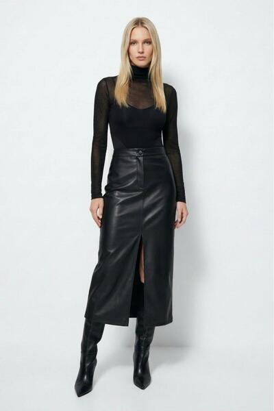 Grenj Fashion Fusta maxi cu talie înaltă din piele artificială neagră cu fante