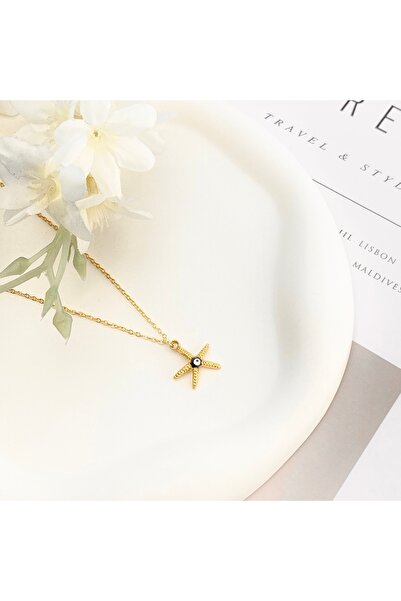 Kyver قلادة ذهبية على شكل نجم البحر مقاس 45 سم مع المينا وخرز عين الشر