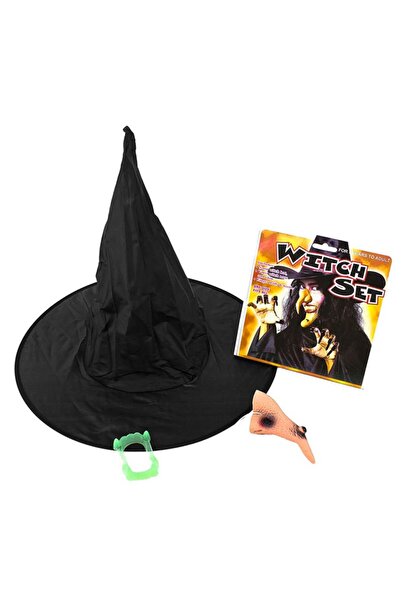 Pandoli Partidolu Halloween Cadı 5 Li Set Şapka Burun Çene Diş Tırnak