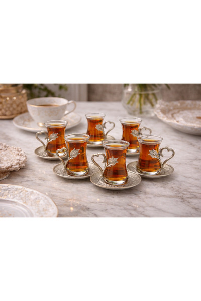 Generic طقم شاي تركي فاخر لستة أشخاص - أكواب زجاجية مع حوامل فضية وصحون - صنع...
