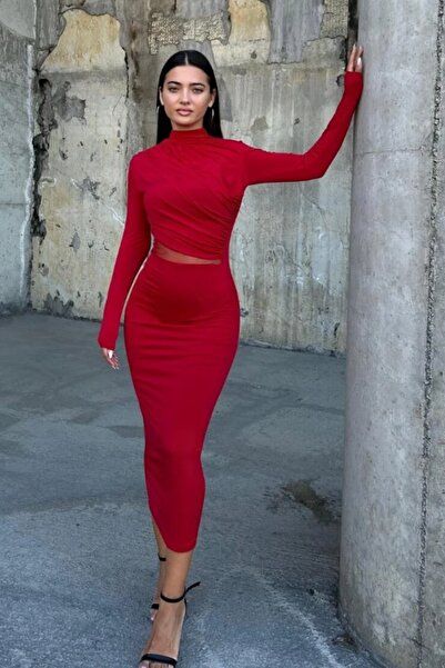 NDN STORE Rochie midi din tul elastic, decoltată, cu guler înalt, mânecă lung...