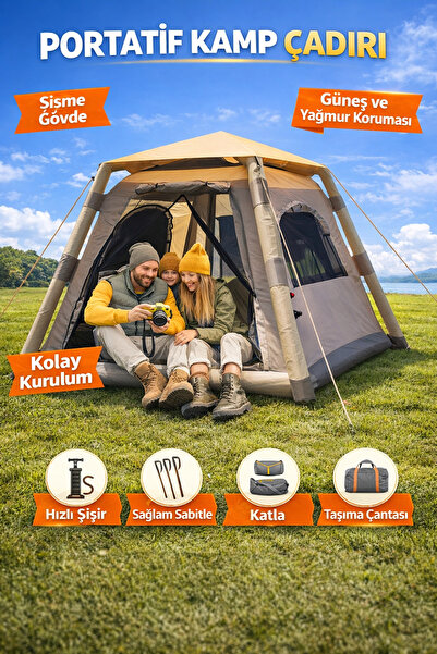 Realx 4 - 6 Kişilik Su Geçirmez Şişme Kamp Çadırı 220x220x190 Cm 300d