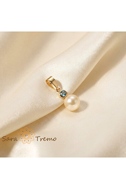 SaraTremo Pandantiv cu perlă și piatră albastru deschis – placat cu aur de 18K