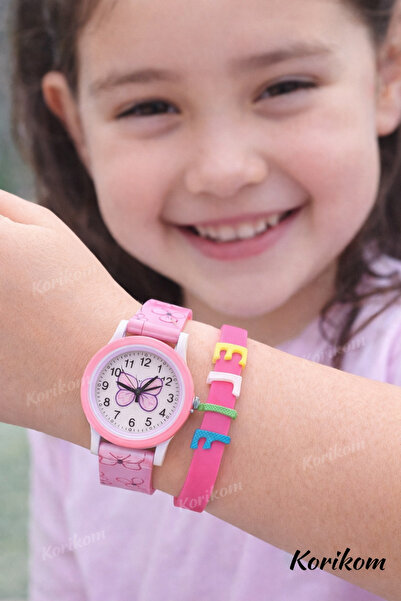 WatchArt Kız Çocuk Analog Kol Saati (26 mm) + Kişiye Özel Bileklik – Pembe Sd...