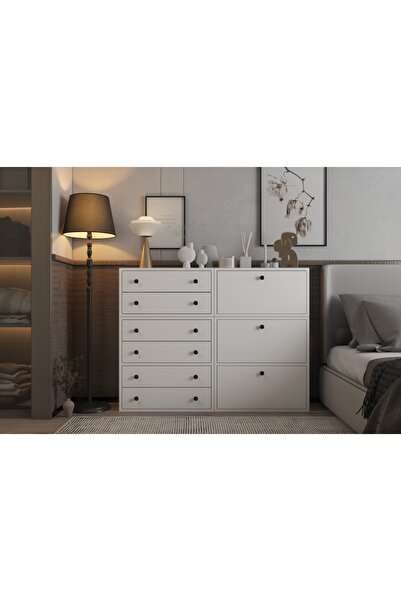 Nettrends Altı Çekmeceli Üç Kapaklı Beyaz Şifonyer Çıtasız Şfn-1050-ç