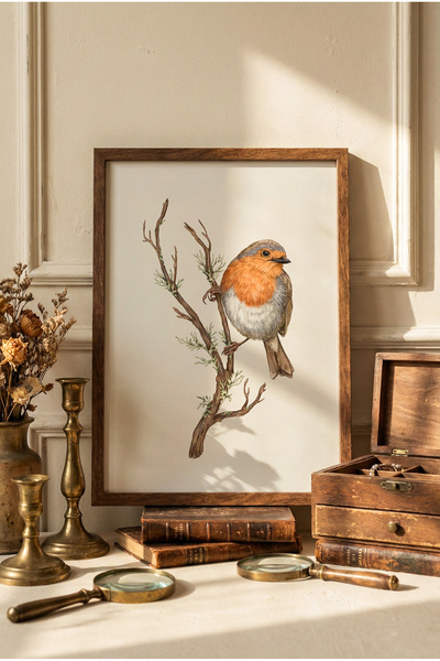 epiqart Kuş Çizim - Ahşap Desenli Çerçeve