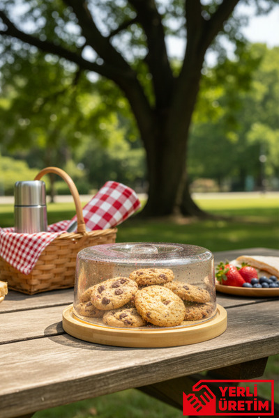GUGGA Leo - Bambu Tabanlı Plastik Kapaklı Kek Fanusu Standı Pasta Sunum ve Sa...