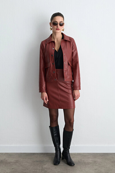 Gusto Faux Leather Jacket with Pockets - Burgundy