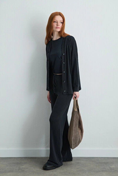 Gusto Ribbed Modal Knitted Cardigan - Gray