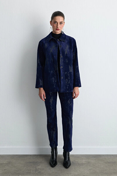 Gusto Anka Collection Flocked Velvet Bell Bottom Trousers - Navy Blue