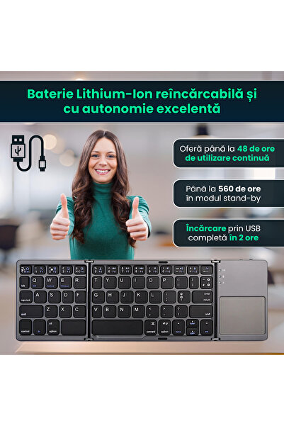 SpectrumPoint Tastatura pliabila universala, Wireless, Bluetooth,compatibila cu Windows,Android,iOS,Smart TV,Negru