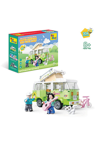 Ogi Mogi مجموعة مكعبات بناء تعليمية مضيئة على شكل سيارة تخييم خضراء، 304 قطعة