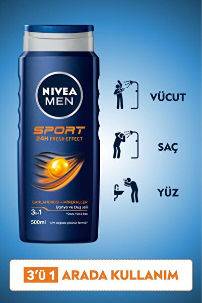NIVEA MEN Erkek Duş Jeli Sport 500ml, Canlandırıcı, Mineral, Vücut Saç ve Yüz, Spordan Sonra Yenileyici
