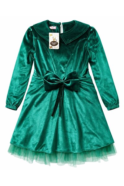 MENSİS Rochie fetițe din catifea verde smarald, cu fundă decorativă și tull